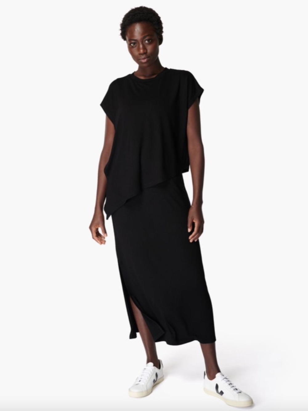 Sweaty Betty Mellow Black Asymmetric Layered Midi Dress Small Lagenlook Jersey
